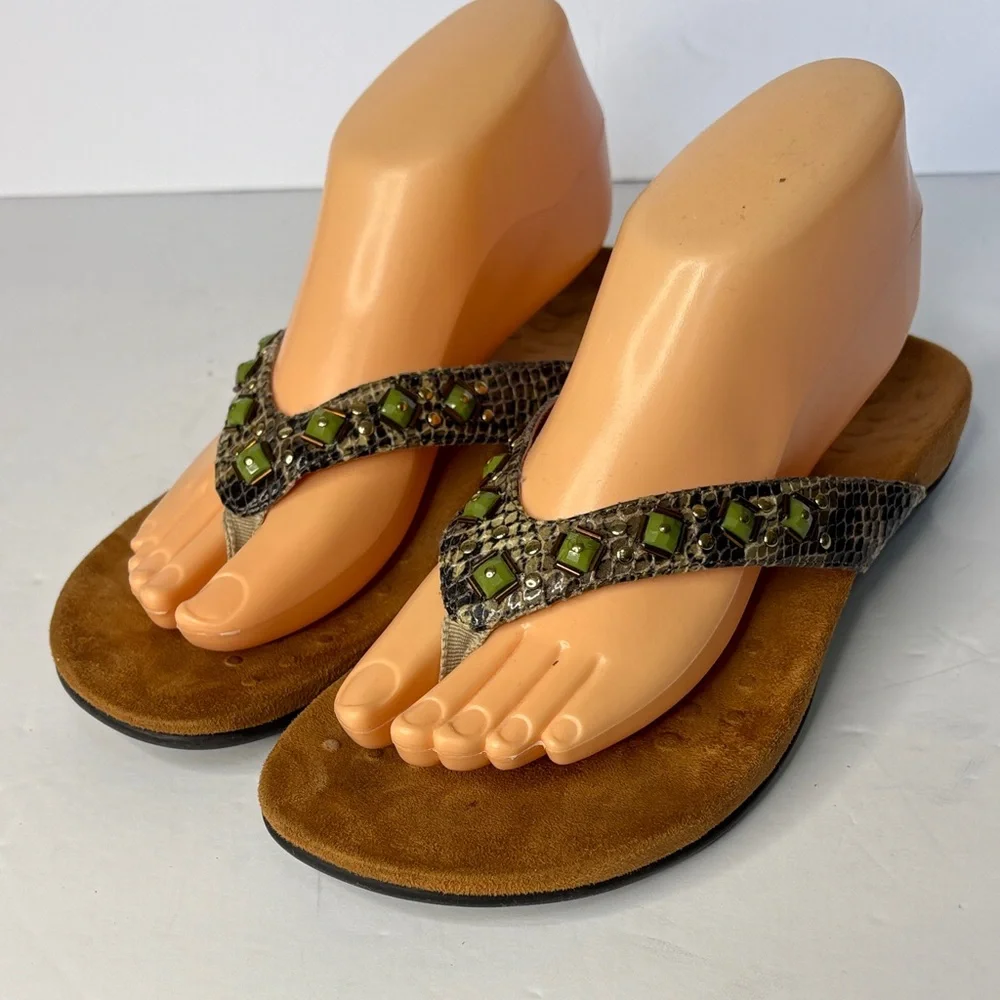 Vionic Floriana Bead Reptile and Embellished Thong Olive Sandals